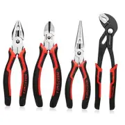 4-Piece Pliers Set: 8" Lineman, Diagonal Cutters, Needle Nose, 10" Water Pump
