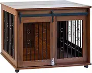 Wooden Dog Crate, Furniture Style Dog Crate, Adjustable Space Pet Crate, Dog Crate with Wheels, Sofa Side Table, Sliding Barn Door + Removable Divider for Small/Medium/Large Dogs