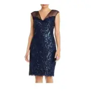 NWT Tadashi Shoji Prussian Blue Danubian Sequins Embroidered Knee Length Dress 4