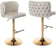 [AADEN] PU Swivel Counter Height Stools Set of 2 Faux Leather Upholstered Bar Stool Adjustable Bar Height Kitchen Island Stool Chairs Buttun Tufted with Gold Metal Legs (Beige)