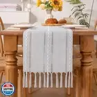 MLMC Boho Rustic Linen Table Runner with Handmade Tassels Grey Woven Embroide