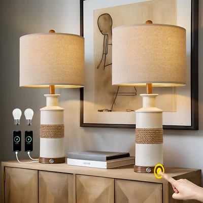 24.5" USB A+C 3-Way Dimmable Touch Control Boho Table Lamp Set of 2 for Living R