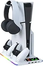 Console Dual Controller Charging Station, Stand with RGB Lighting Effect for PS5 Accessories with Headset Holder (White)