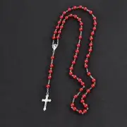 Catholic Rosary Beads Silver and Red Crucifix Necklace Jesus Cross Rosary