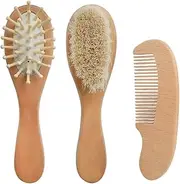 3 Pcs Baby Hair Brush and Comb Set, Soft Goat Bristles Wooden Baby Brush Natural, Perfect Scalp Grooming Product for Cradle Cap Brush Infant Toddler Kids Baby Shower Baby Registry Gift