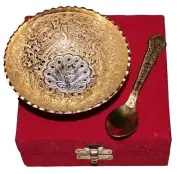 German Silver Brass Round Bowl Set with Tray and Spoon with Royal Royal Luxur