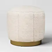 Galena Channel Tufted Shearling Brass Ottoman Cream - Threshold Round Pouf NEW