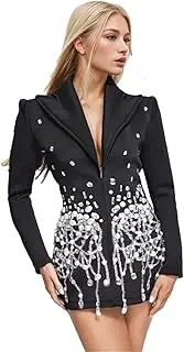 [Bciopll] Patchwork Rhinestones Blazer for Women Lapel Long Sleeve High Waist Sequins Suit Jackets