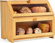 Double Layer Large Bread Box for Kitchen Countertop,Wooden Large Capacity Bread Storage Bin,Bamboo Farmhouse Style Bread Storage Container with Clear Window,Self-Assembly