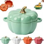 15 Oz Oven Safe Pumpkin Bowls, Pumpkin Ramekins with Lids, Pumpkin Soup Bowls for Thanksgiving Halloween, Pumpkin Bowls for Soup, Pumpkin Ceramic Bowl Casserole Dish (Green)