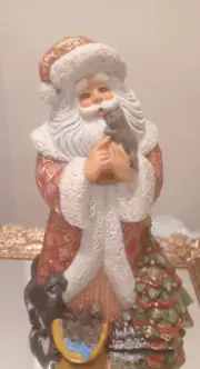 SANTA w Kittens Christmas Tree Cats GARE Ceramic Figurine Glitter Decoration VTG