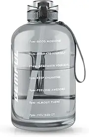 GEMFUL 3 Liter Water Bottles with Handle Straw Motivational BPA Free Big Drinks Bottle for Fitness Sports (Grey)