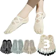 [Sunolkie] Non-Slip Pilates Socks for Women, 5 Finger Yoga Grip Training Socks Grips and Non-Slip Straps, 3 Pairs, Light Yellow + Light Green + Black, One Size, Light yellow + light green + black, One