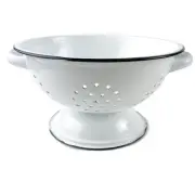 White Black Enamel Colander Strainer Pedestal Footed Metal Retro Farmhouse 9"