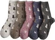 LeoLeozz Women's Winter Wool Socks (5-Pack) – Ultra Soft, Thick & Warm Plush Crew Socks for Cold Weather – Cozy Cat Design