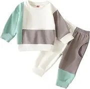 [Generic] Toddler Boys Long Sleeve Patchwork Color Hooded Tops Pants Two Piece Casual Sports Outfits Set For Baby Bows