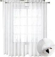 2 Pcs White Sheer Curtains with Embroidered Leaf Pattern, Semi Sheer Voile Drapes, Light Filtering Linen Textured, Grommet Window Curtains, Curtains Suitable for Bedroom Living Room（137 * 213 CM）