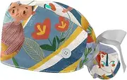 [WOSHJIUK] Working Hat 2 Pack Scrub Caps for Women,Flower cat and Girl,Tie Back Cap Adjustable Scrub Hat