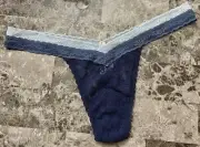 NWT VICTORIA'S SECRET LARGE NAVY BLUE COLOR BLOCK FLORAL LACE RARE THONG PANTIES