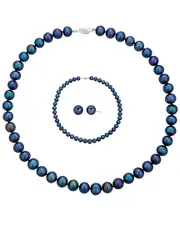 BELPEARL Silver 9-10mm Freshwater Pearl Necklace, Earrings, & Bracelet Set