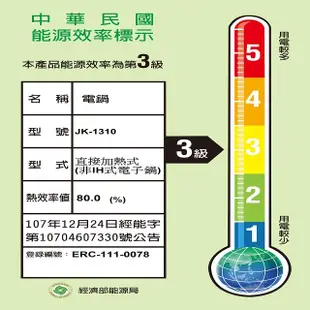 晶工 JK-1310 厚釜 3人份電子鍋 (7.9折)