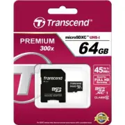 Transcend 64GB 300x MicroSDXC Micro SD Memory Card with Adapter (TS64GUSDXC10)