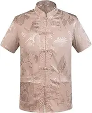 [JSJTAMUS] Tang Shirt Men Silk,Tang Suit Men Short Sleeve Shirt,Hanfu Chinese Traditional Clothes,Chinese Clothing Tang Suit Tops