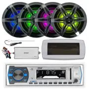 Pyle Bluetooth Marine Radio, Cover, Antenna,Amp w/Kit, 4x 6.5" 120W LED Speaker