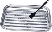 1 Set Multi Functional Stainless Steel Grill Pan with Wave Pattern for Healthy Cooking BBQ Tray for Outdoor Grilling Picnics and Camping Includes Grill Basket and Brush