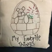 Primitive Style Small Pillow Teddy Bear and Doll Stitched Embroidery Tea Stained