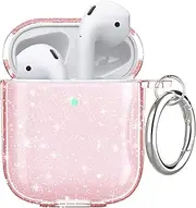 [Aircawin] for Airpods Case Clear Pink Glitter,Sparkle Bling Clear Case for Airpod case,Shockproof Full Protective Soft TPU Accessories with Keychain for AirPods 2&1 for Women Girls-Pink Glitter