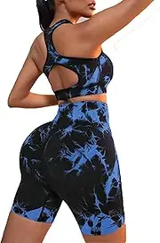 [Hiruce] Workout Sets for Women2 Piece Tie Dye Yoga Outfit Seamless Front Zip Sports Bra with High Waist Shorts