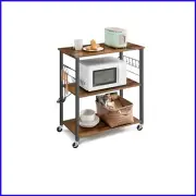 Compact Rolling Kitchen Shelf with 3 Tiers and 6 Hooks - Rustic Brown & Black