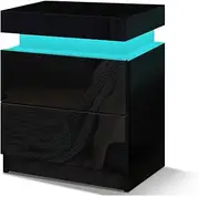 ALFORDSON LED Bedside Table High Gloss Nightstand Cabinet Organiser with 2-Drawer Wooden Bedroom Vintage Side Table Home Living Room Storage Table in Black Colour