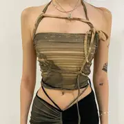 Halter Print Cropped Camisole Top Army Green - L
