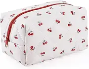 Floral Quilted Makeup Bag, Cosmetic Pouch for Skincare Products, Fashionable Travel Puffy Coquette Makeup Bag, Small Cute Cherry Design