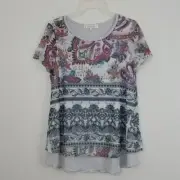 Sundance Blue, Orange & White Print Short Sleeve Top M