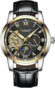 [carlien] Tourbillon Automatic Mechanical Watch Luxury Men Business Leather Moon Phase Waterproof Wristwatch, black, 41mm, Casual
