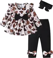 [Joureker] Baby Girl Clothes Leopard Pattern Print Tops + Bow Pants Toddler Baby Girl Outfit Set