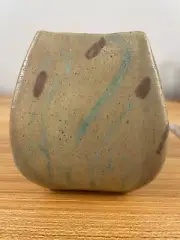 Antique Studio Art Pottery / Student Hand Decorated Cattail Square Vase Signed