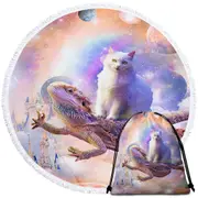Cool White Cat Riding a Dragon Lizard in Space Round Beach Towel