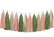 Retro Pink Sage Green Tassel Garland for Woodland Baby Shower 15 Pcs