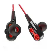 3Pcs Universal Double Moving Coil Bass In-ear Headphones Double Speakers with Microphone for Mobile Phone black+red