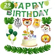 29pcs/set Jungle Animal Decorations Happy Birthday Banner Animal Balloons and Animal Cake Toppers for Zoo Theme Birthday Party Decorations