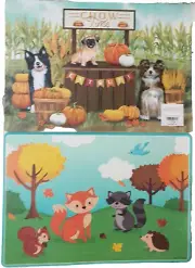 2 Same Plastic Reversible Placemats,12"x17",FALL PUMPKINS & ANIMALS,CHOW TIME,HL