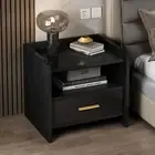 Serene Bedside Table Nightstand with Drawer and Shelf (Black).