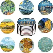 Drink Coasters Round Absorbent Porcelain Stone Coasters Set of 8 with Cork Base, Fun Drink Coasters with Cold Drink Holder, 4 inch, Van Gogh Oil Painting Style Ceramic Coasters