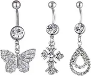 [Niaspi] 3Pcs 14G Rhinestone Butterfly Cross Teardrop Dangle Belly Button Rings for Women 316L Stainless Steel Belly Piercing Jewelry 3/8 Inch Navel Curved Barbell Studs Dainty Body Piercing Jewelry