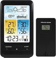LCD Weather Station Alarm Clock with Snooze Digital Indoor Outdoor Temperature Humidity Monitor Thermohygrometer with Backlight/Date/Week/Moon Phase/Comfort Level/Alarm Function for Home Office