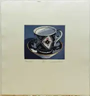 Teacup 5 by Sherrie Wolf Blue China tea cup saucer s/n Handcolored Etching Art